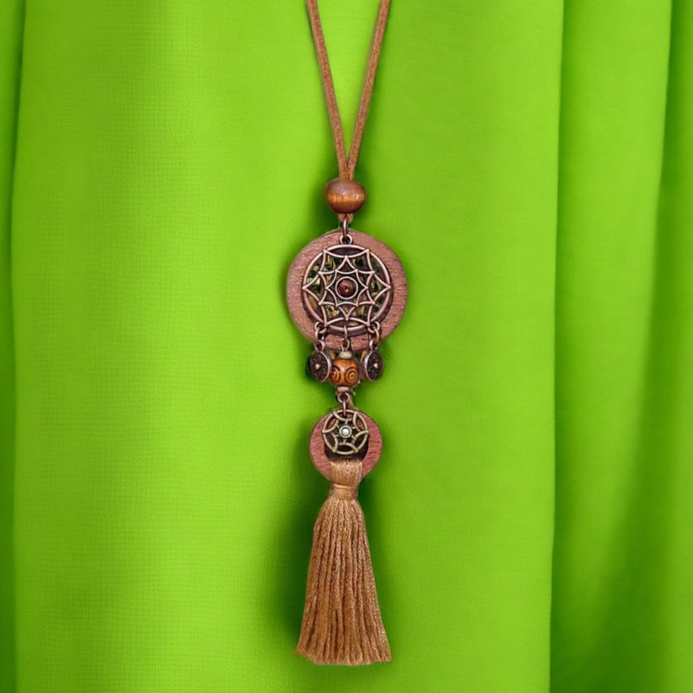 Boho Ladies 1 Pendant Wooden Cut Out Necklace‎ Round Hollow Set White Flower